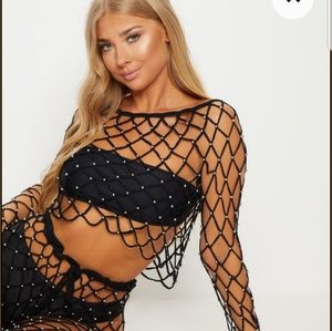 Black crochet beaded beach top
